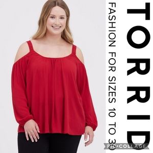 ❌️SOLD❌️ Torrid 0X Crinkle Gauze Lace Trim Cold Shoulder Top — Jester Red
